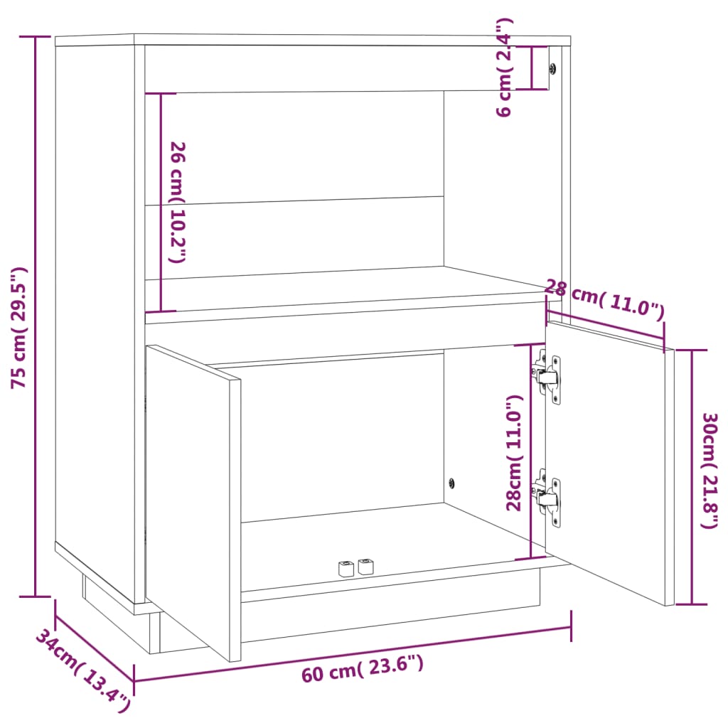 skænk 60x34x75 cm massivt fyrretræ hvid