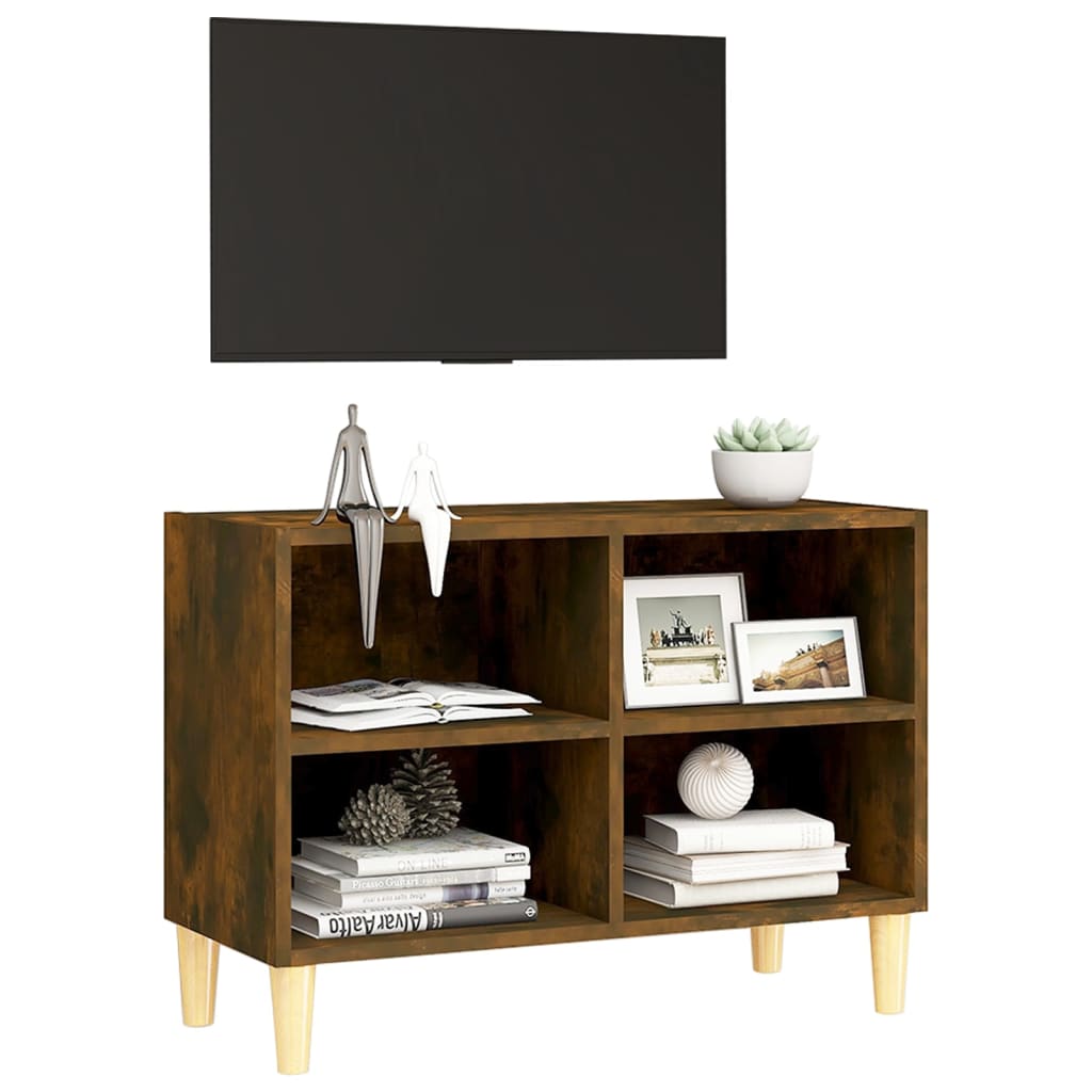 tv-bord med massive træben 69,5x30x50 cm røget egetræsfarve