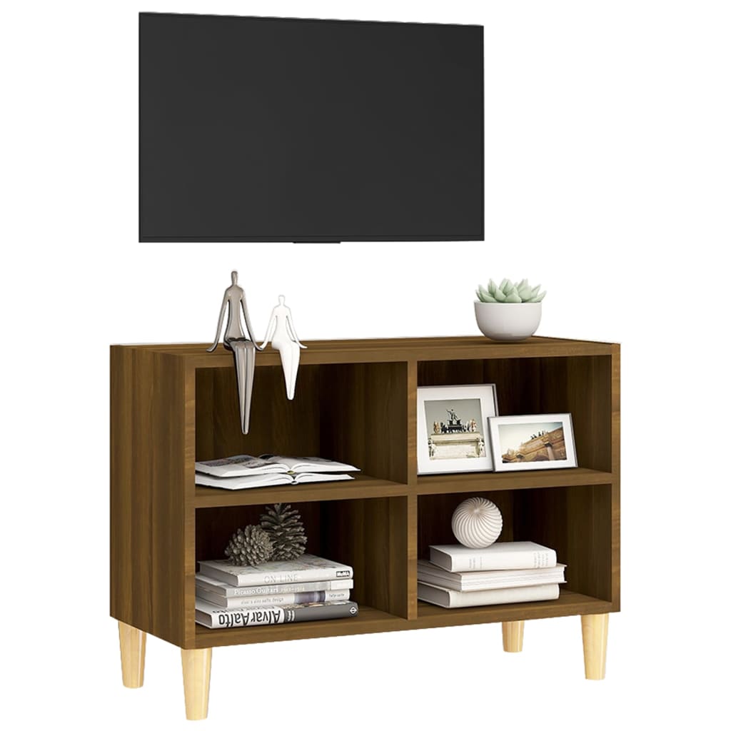 tv-bord med massive træben 69,5x30x50 cm brun eg