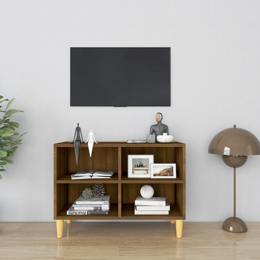 tv-bord med massive træben 69,5x30x50 cm brun eg