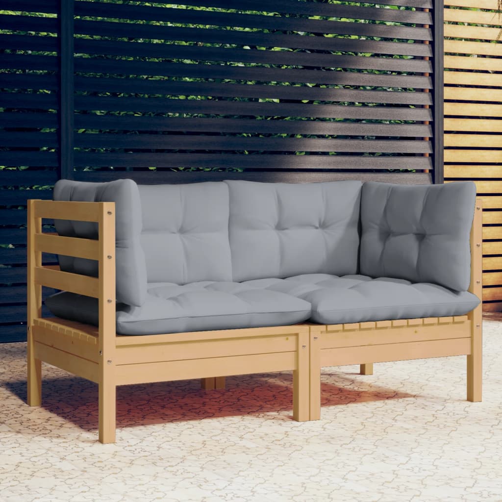2-personers havesofa i massivt fyrretræ med grå hynder - modulsofa til terrasse og have