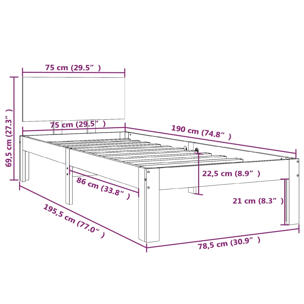 sengeramme 75x190 cm Small Single massivt træ sort