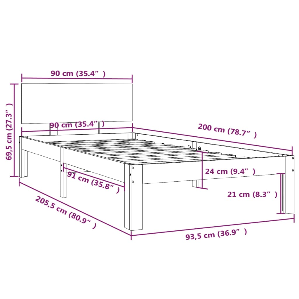 sengeramme 90x200 cm massivt fyrretræ sort