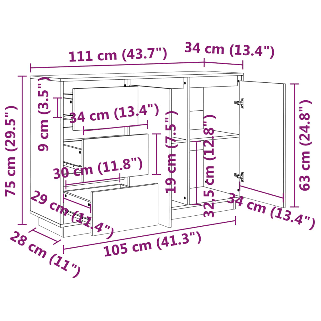 skænk 111x34x75 cm massivt fyrretræ