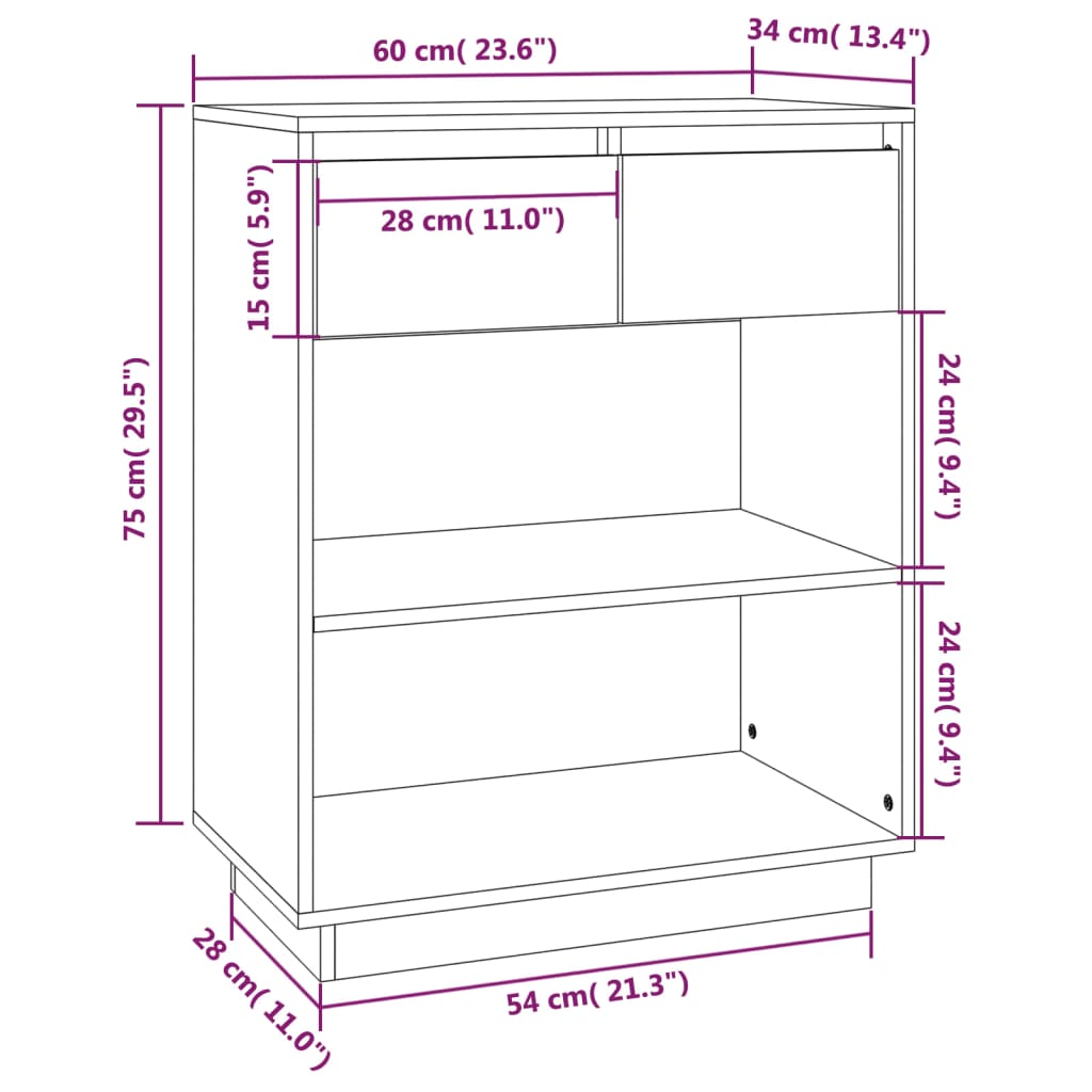 konsolskab 60x34x75 cm massivt fyrretræ