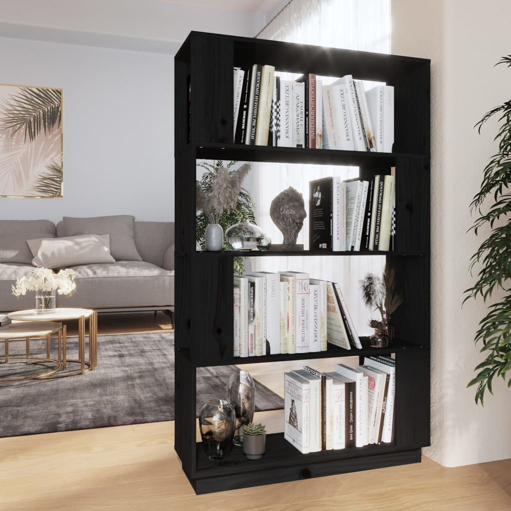 bogreol/rumdeler 80x25x132 cm massivt fyrretræ sort billede