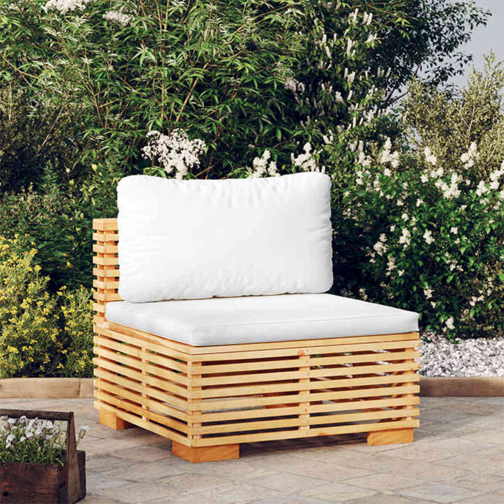 midtermodul til havesofa med cremefarvede hynder massivt teak