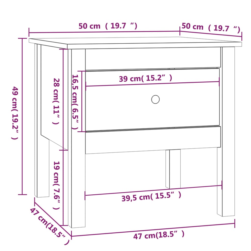 sidebord 50x50x49 cm massivt fyrretræ