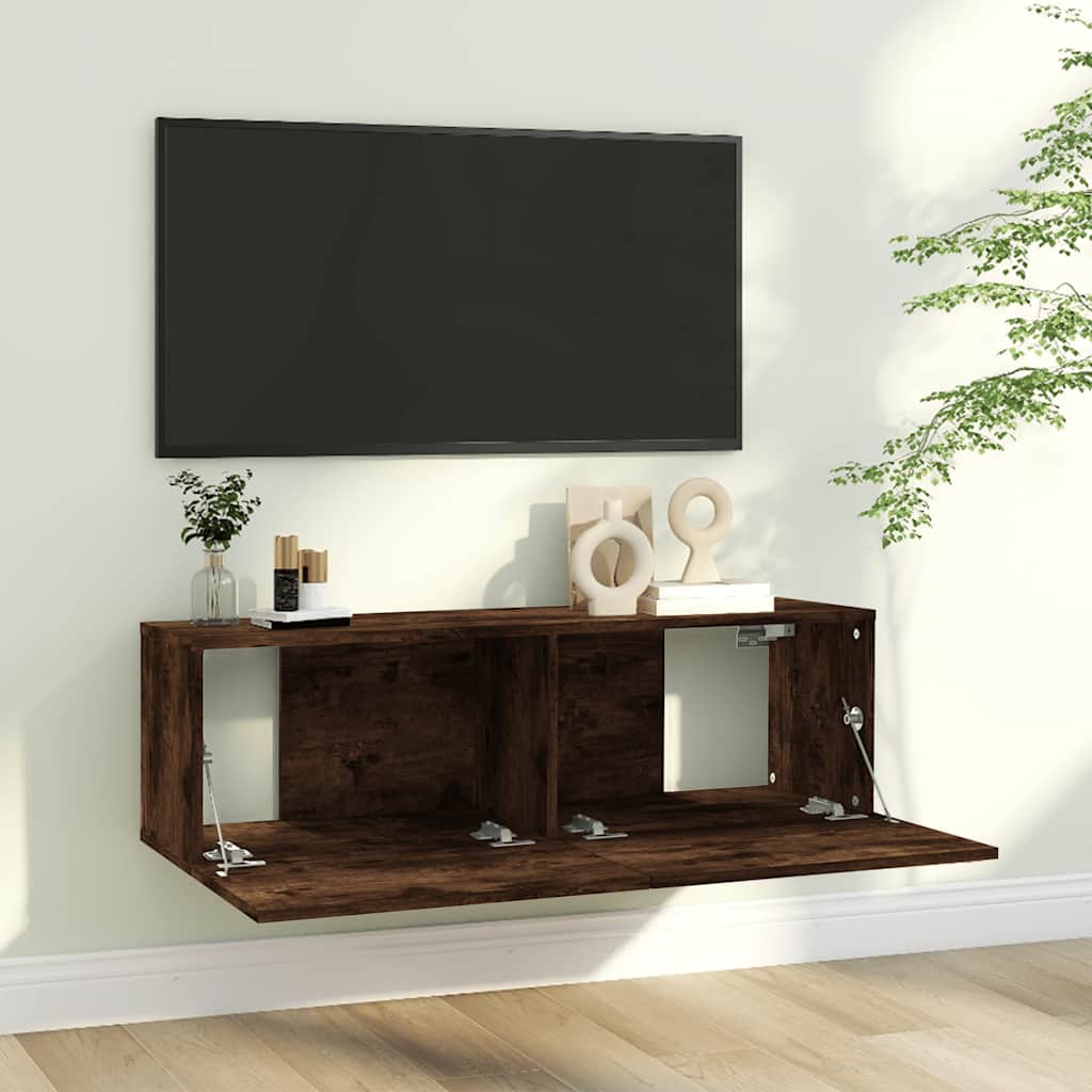 væghængt tv-bord 100x30x30 cm konstrueret træ røget egetræ