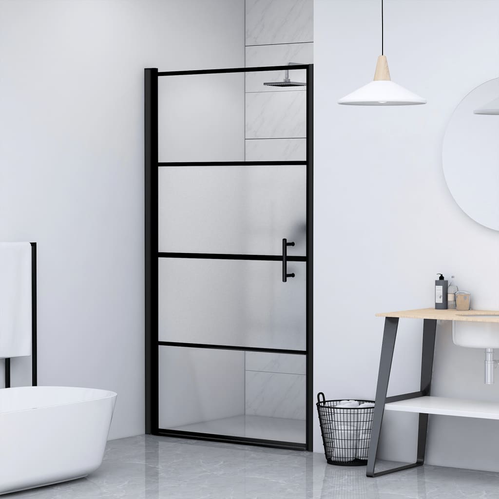 Brusedør 91×195 cm - halvmatteret hærdet glas, sort stel