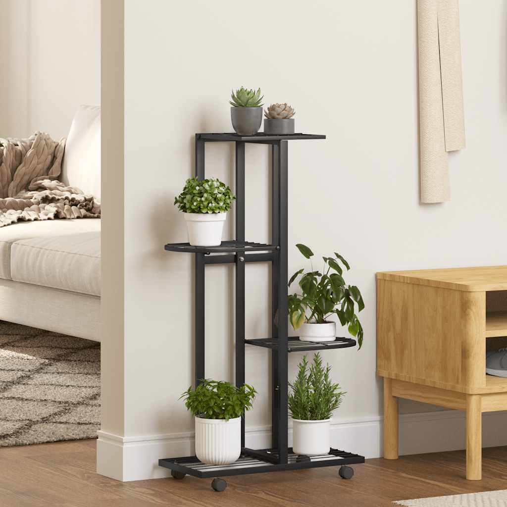 blomsterstativ 4 niveauer med hjul 44x23x80 cm jern sort billede