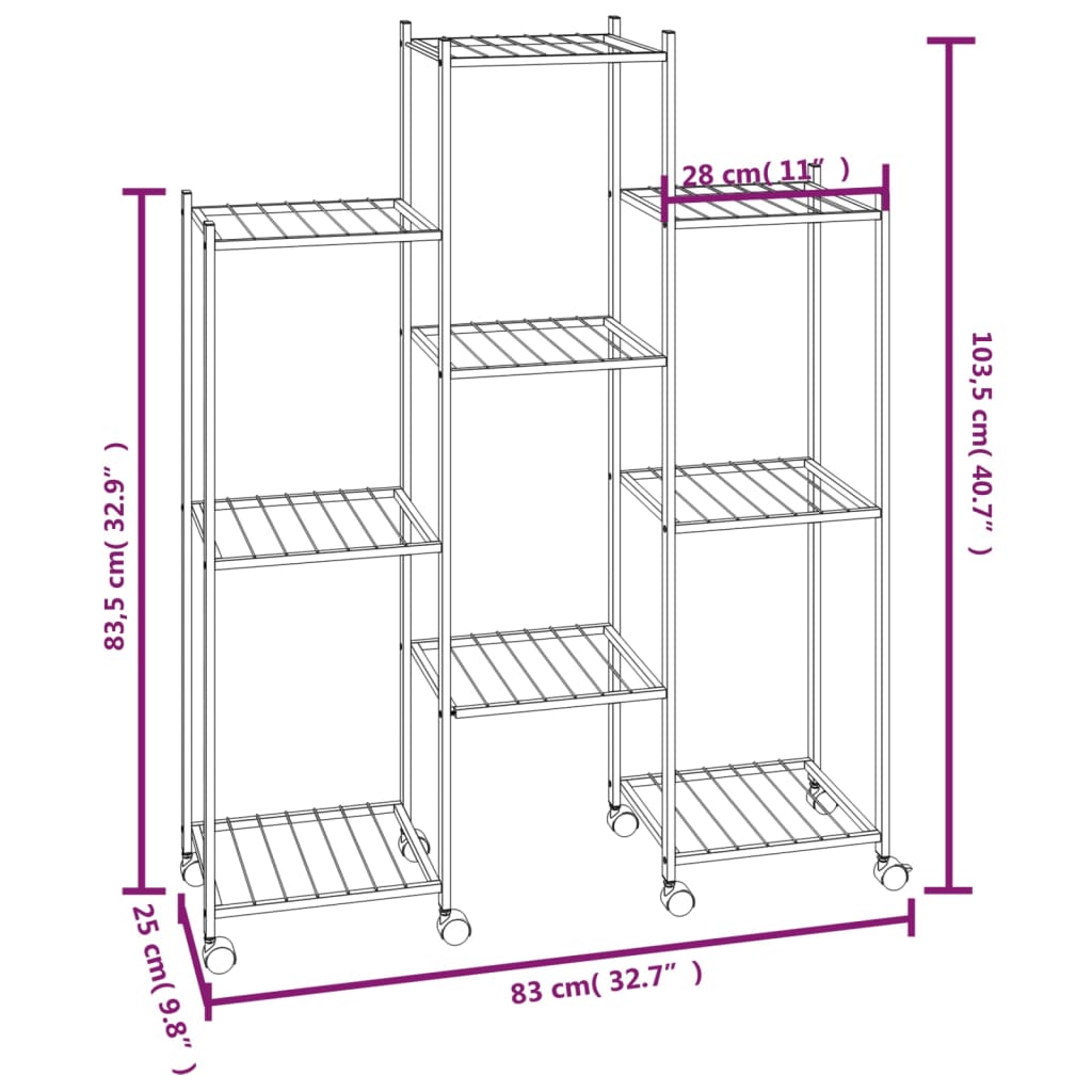 blomsterstativ med hjul 83x25x103,5 cm jern sort