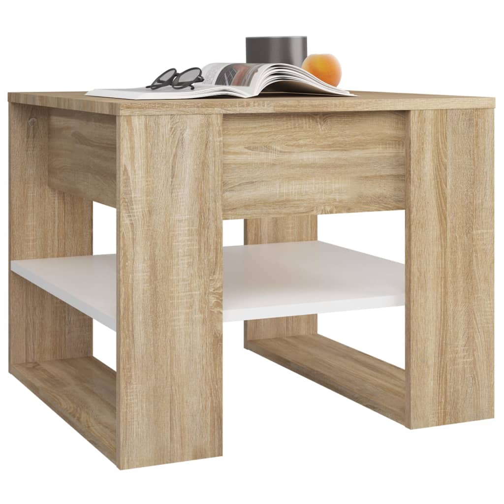 sofabord 55,5x55x45 cm konstrueret træ hvid og sonoma-eg