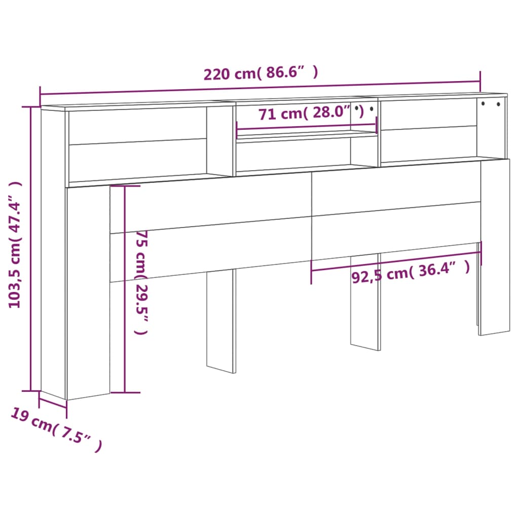 sengegavl med opbevaring 220x19x103,5 cm betongrå