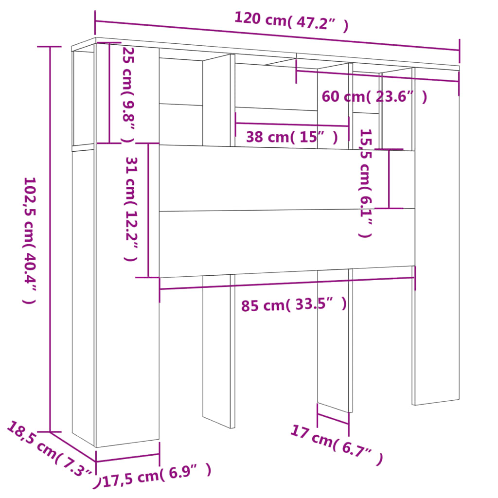 sengegavl med opbevaring 120x18,5x102,5 cm sort