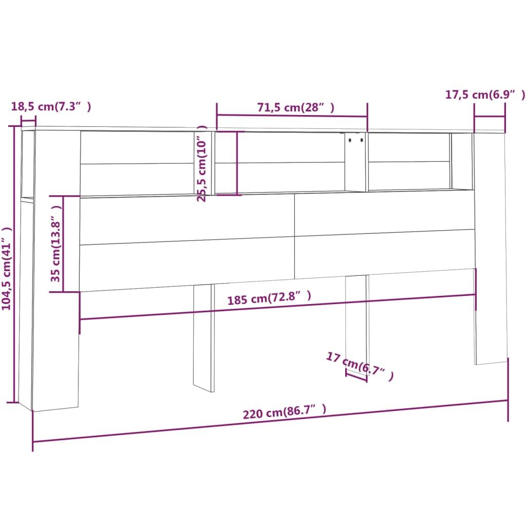 sengegavl med opbevaring 220x18,5x104,5 cm hvid højglans