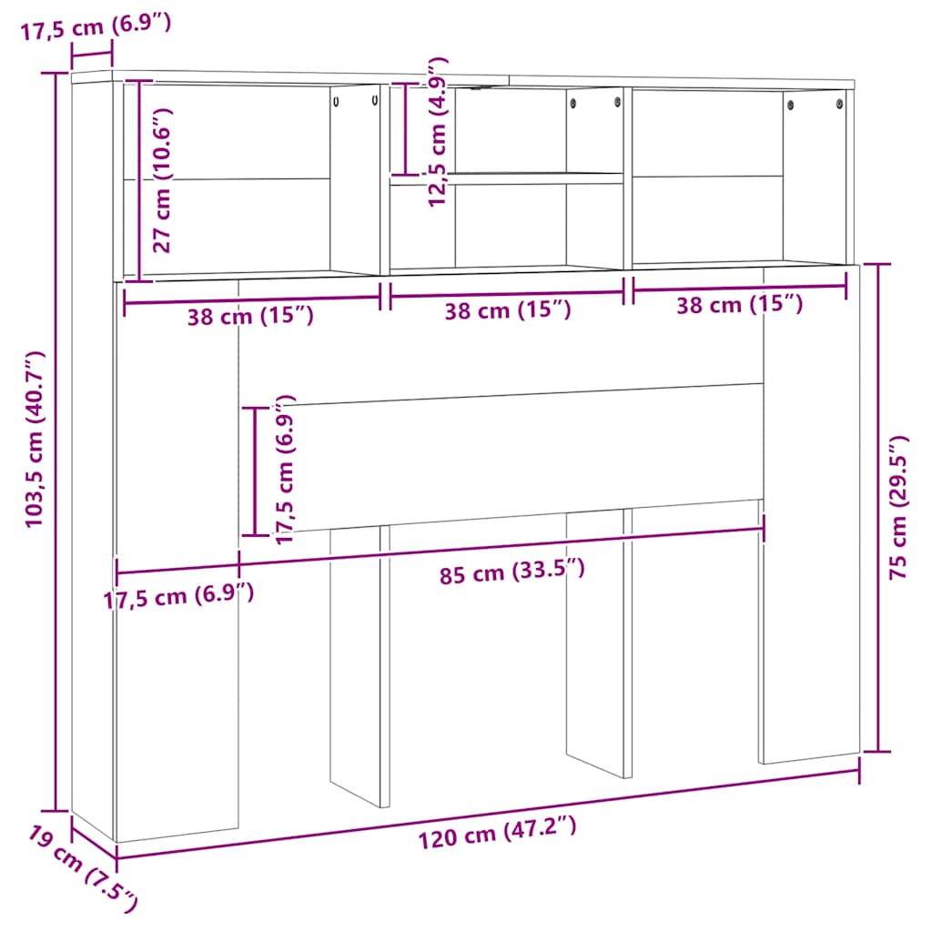 sengegavl med opbevaring 120x19x103,5 cm grå sonoma-eg