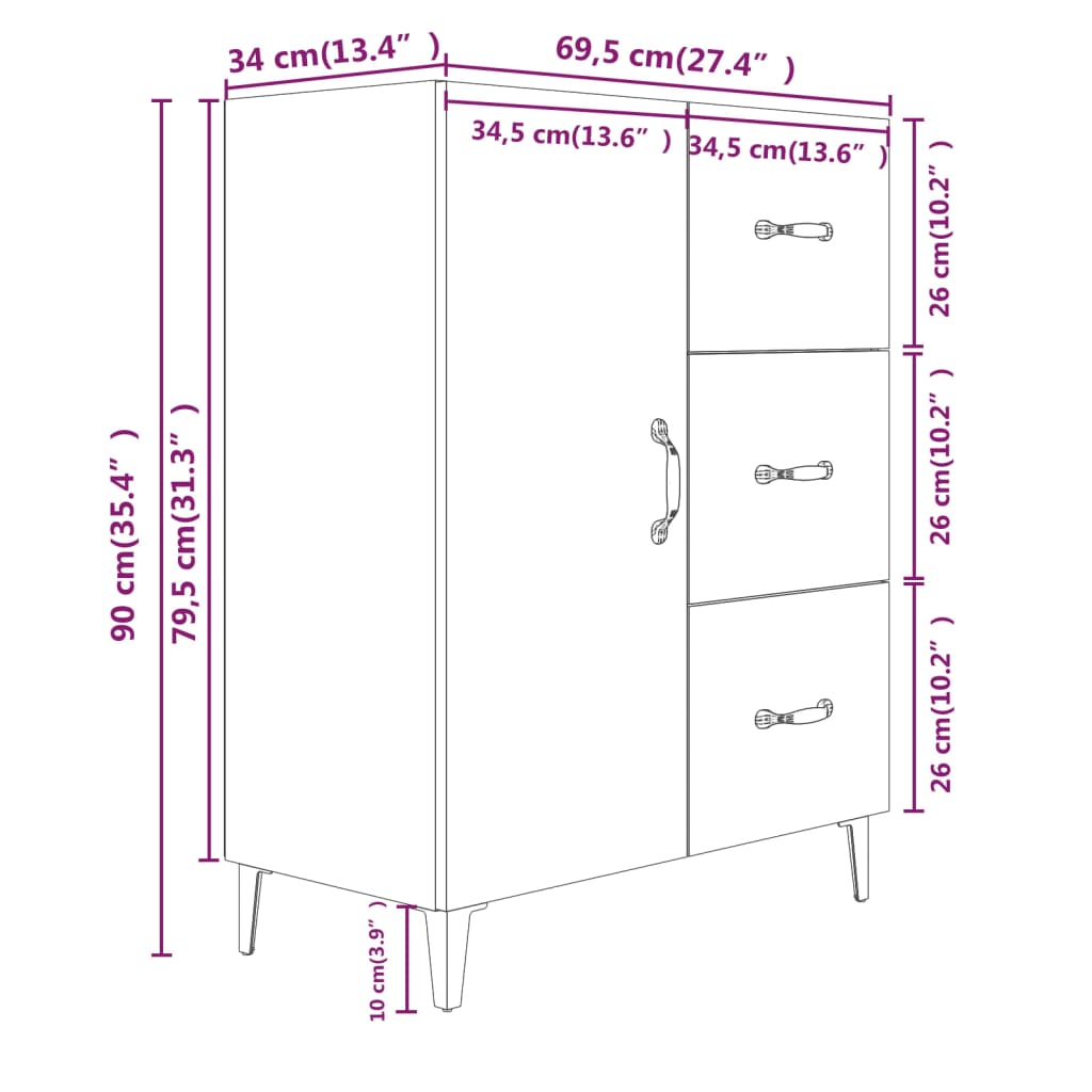skænk 69,5x34x90 cm konstrueret træ grå sonoma-eg