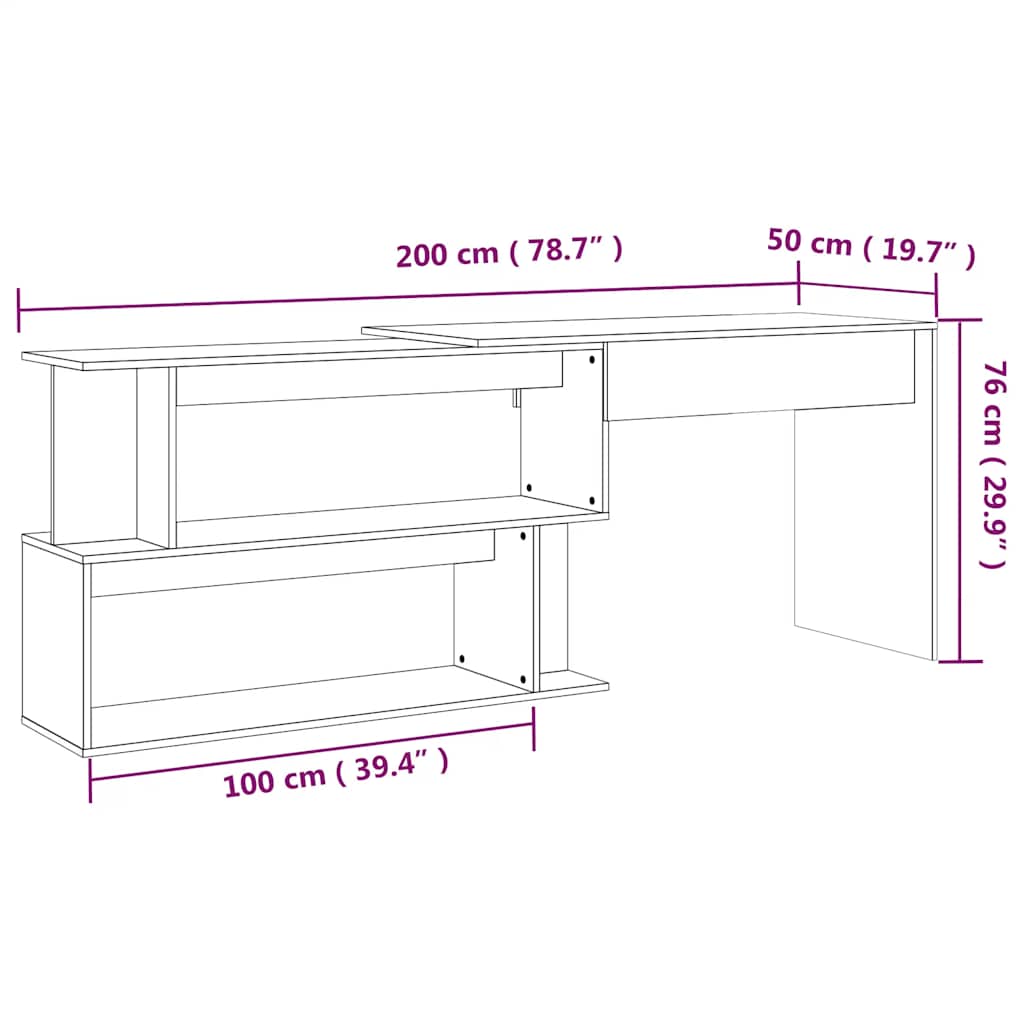 hjørneskrivebord 200x50x76 cm konstrueret træ røget egetræ