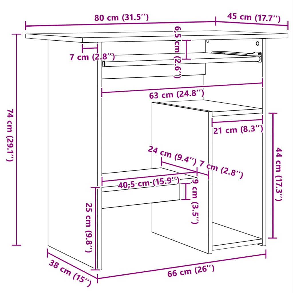skrivebord 80x45x74 cm konstrueret træ røget egetræsfinish