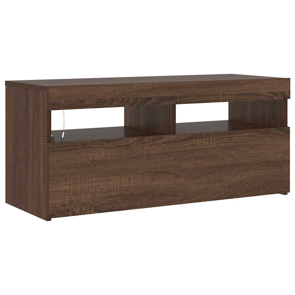 tv-bord med LED-lys 90x35x40 cm brun egetræsfarve