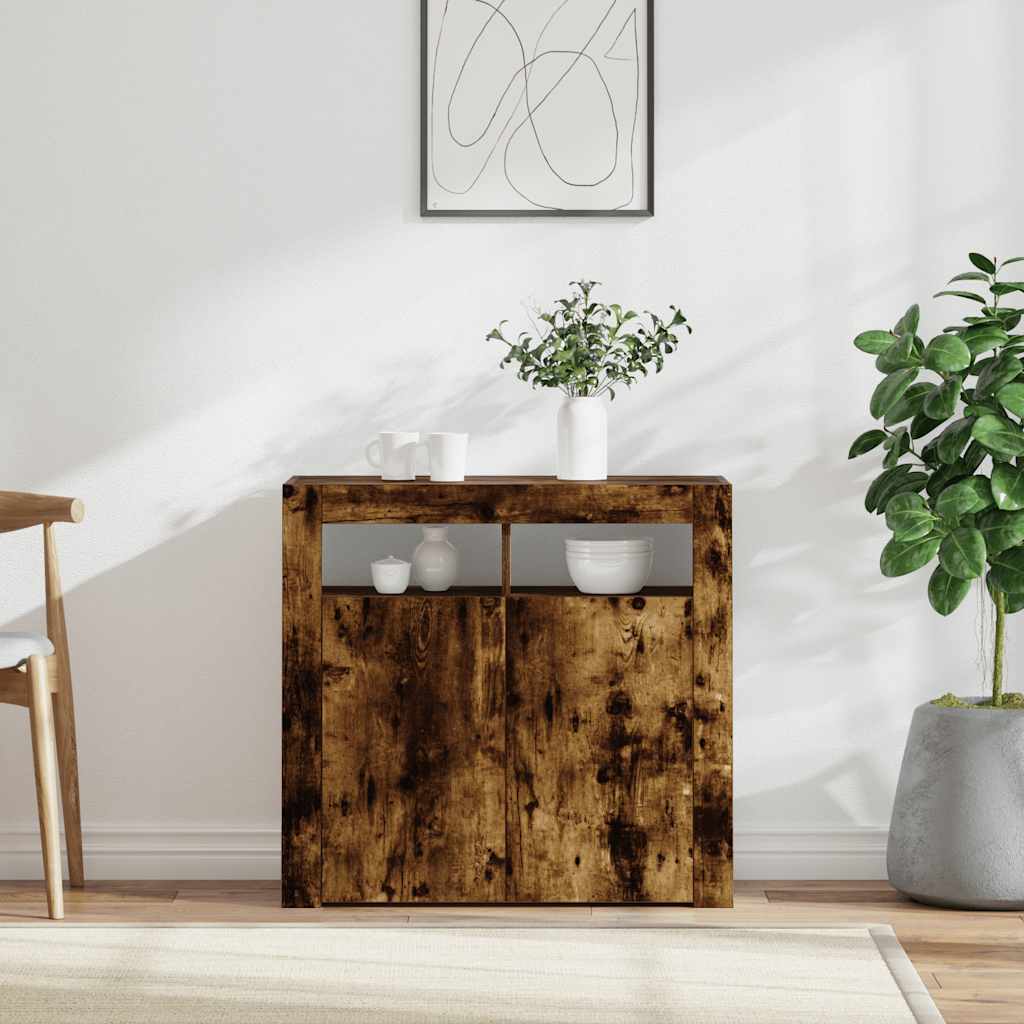 skænk med LED-lys 80x35x75 cm røget eg