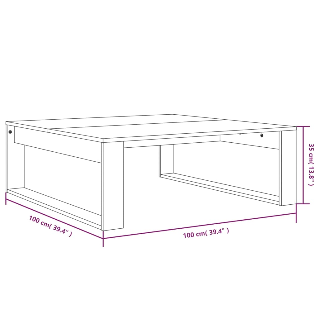 sofabord 100x100x35 cm konstrueret træ røget egetræsfarve