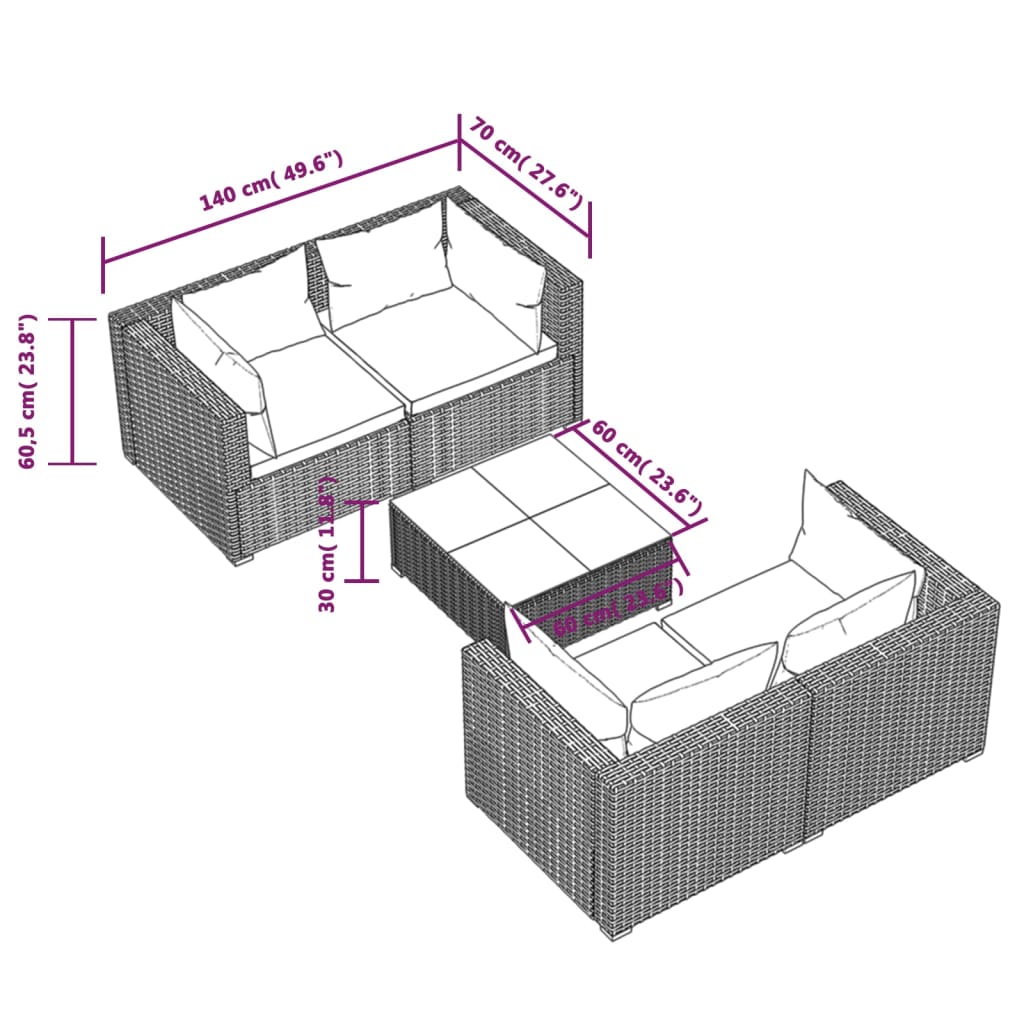 loungesæt til haven 5 dele med hynder polyrattan grå