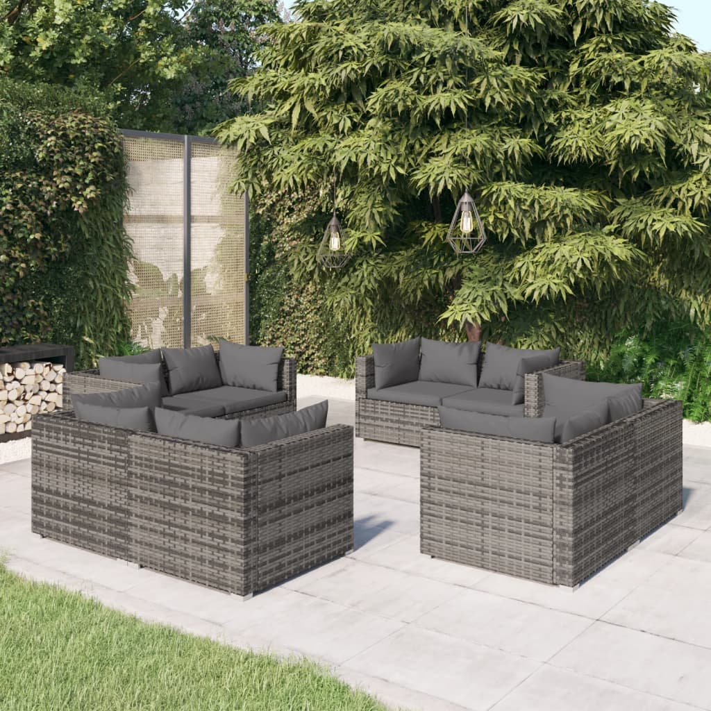 loungesæt til haven 8 dele med hynder polyrattan grå