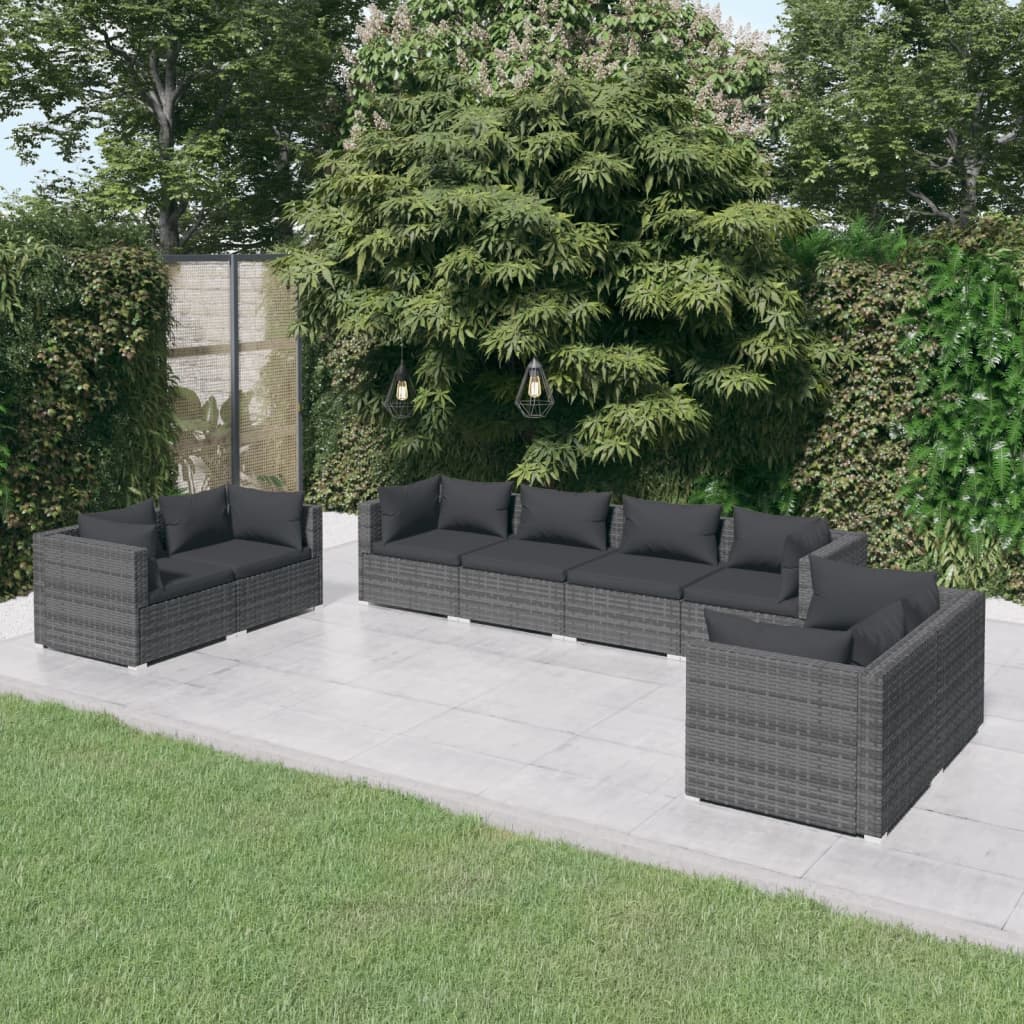 loungesæt til haven 8 dele med hynder polyrattan grå