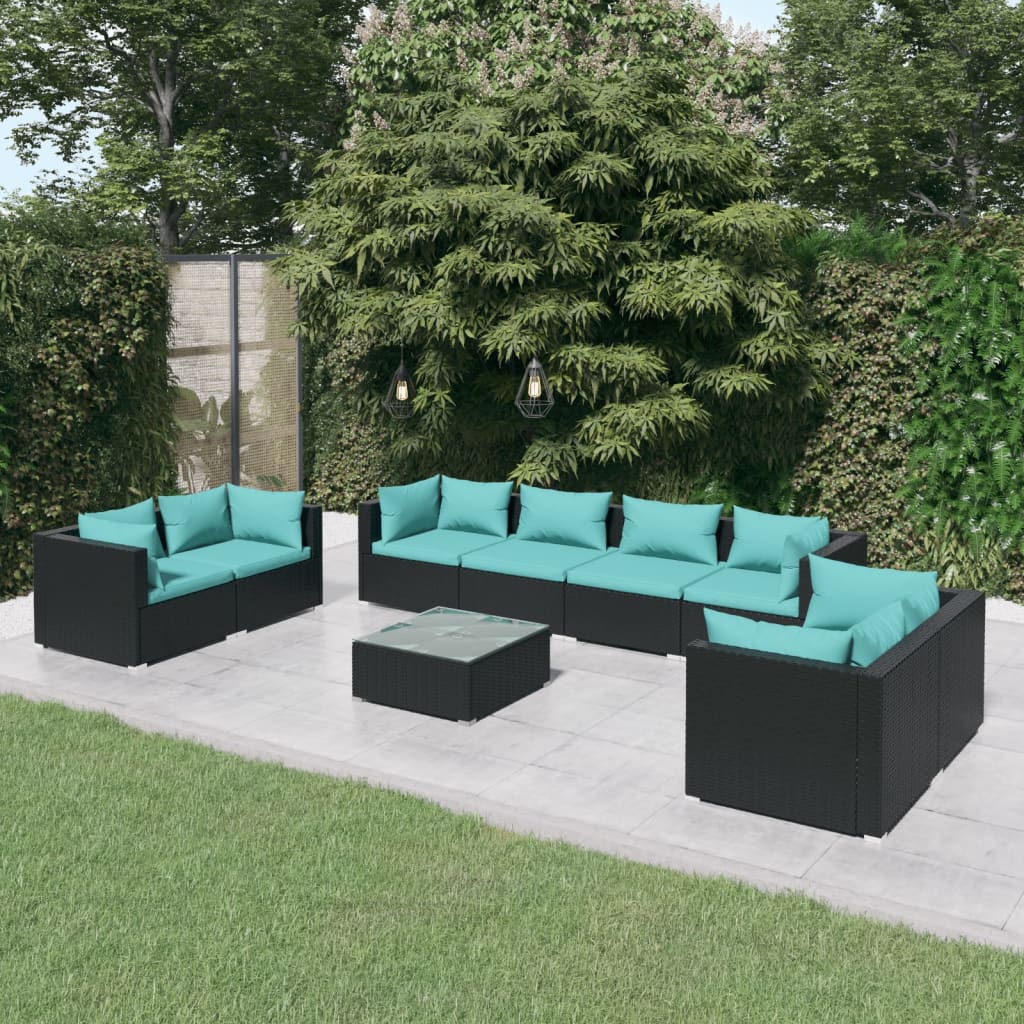 loungesæt til haven 9 dele med hynder polyrattan sort