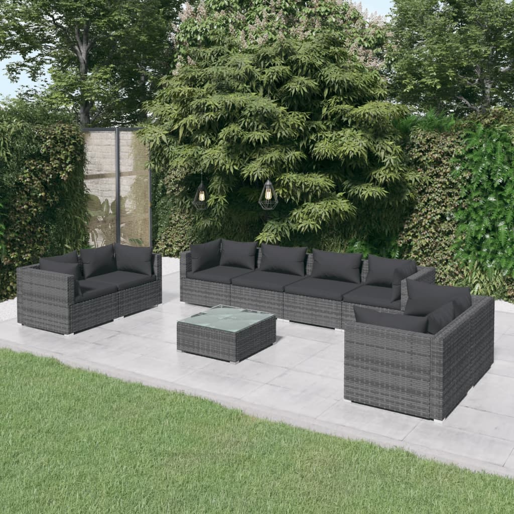 loungesæt til haven 9 dele med hynder polyrattan grå