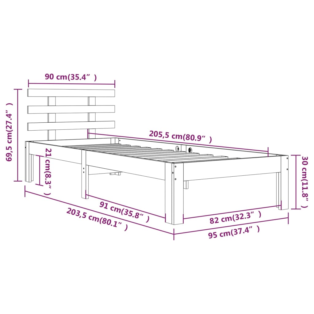 sengeramme 90x200 cm massivt fyrretræ