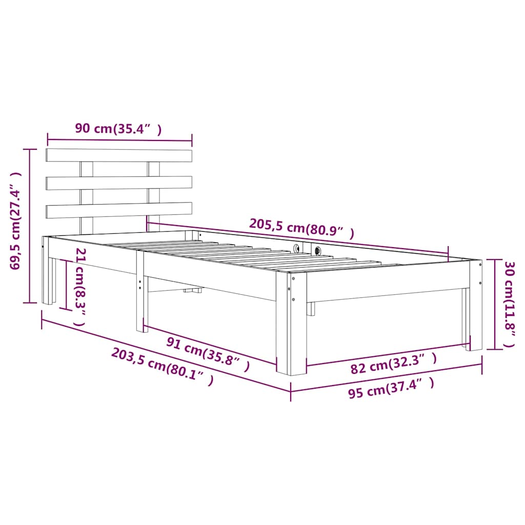 sengeramme 90x200 cm massivt fyrretræ hvid