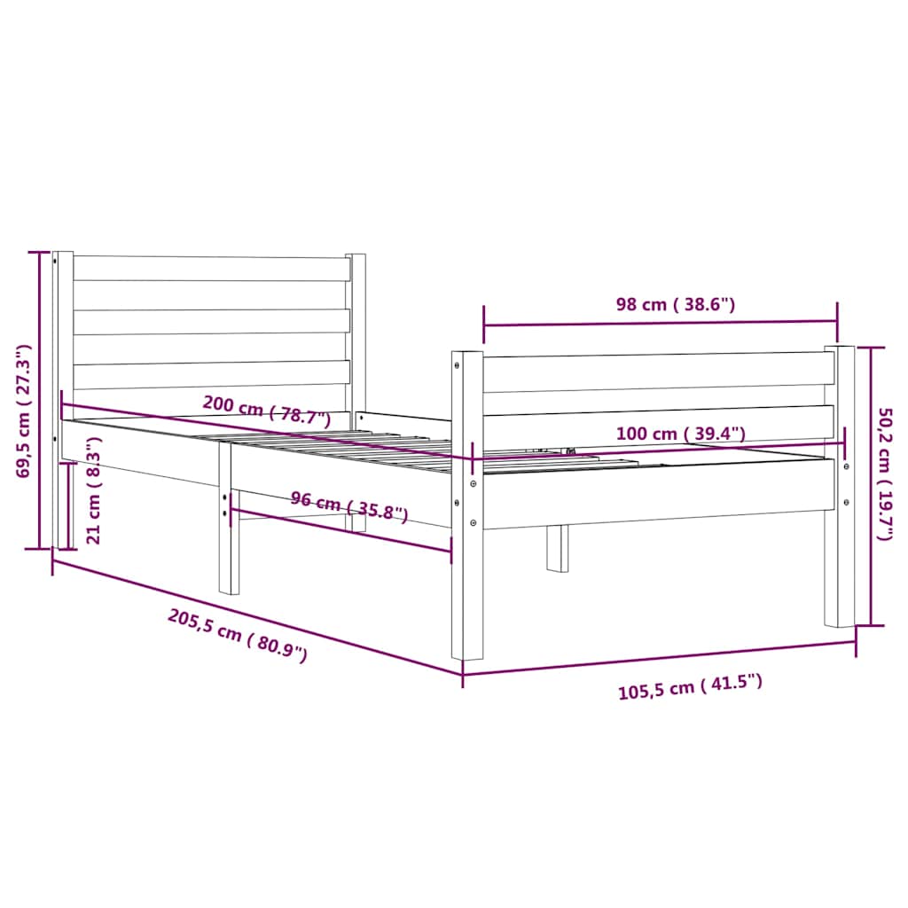 sengeramme 100x200 cm massivt træ hvid