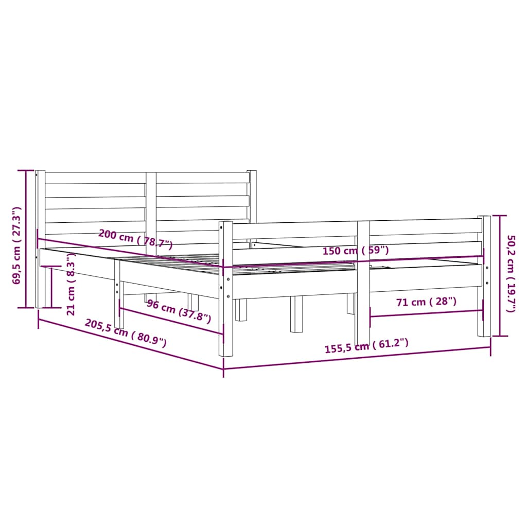 sengeramme 150x200 cm King Size massivt træ gyldenbrun