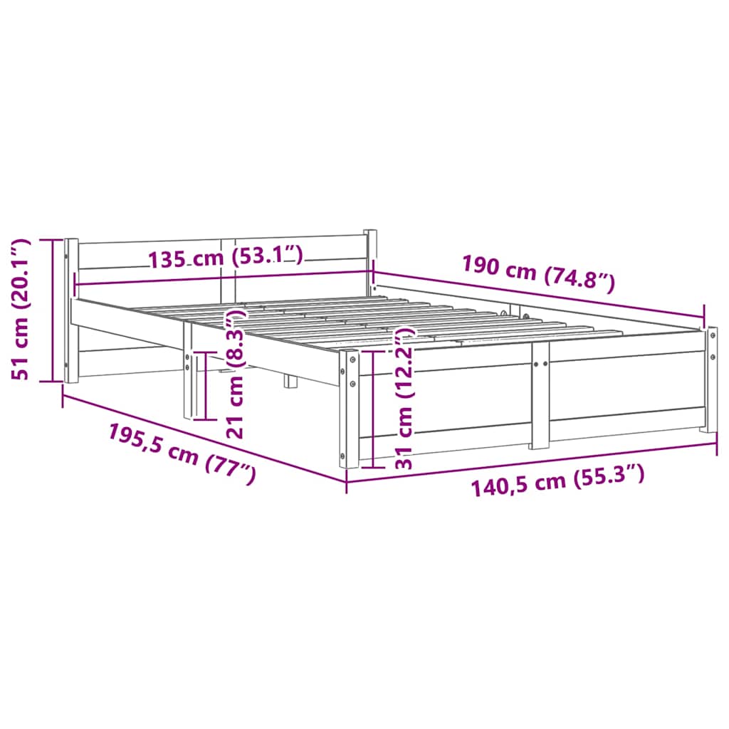 sengeramme 135x190 cm Double massivt fyrretræ grå