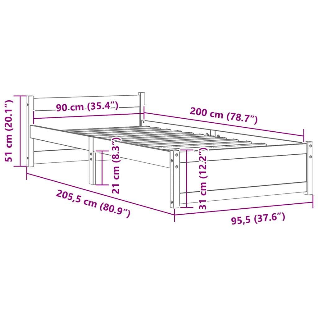 sengeramme 90x200 cm massivt træ hvid
