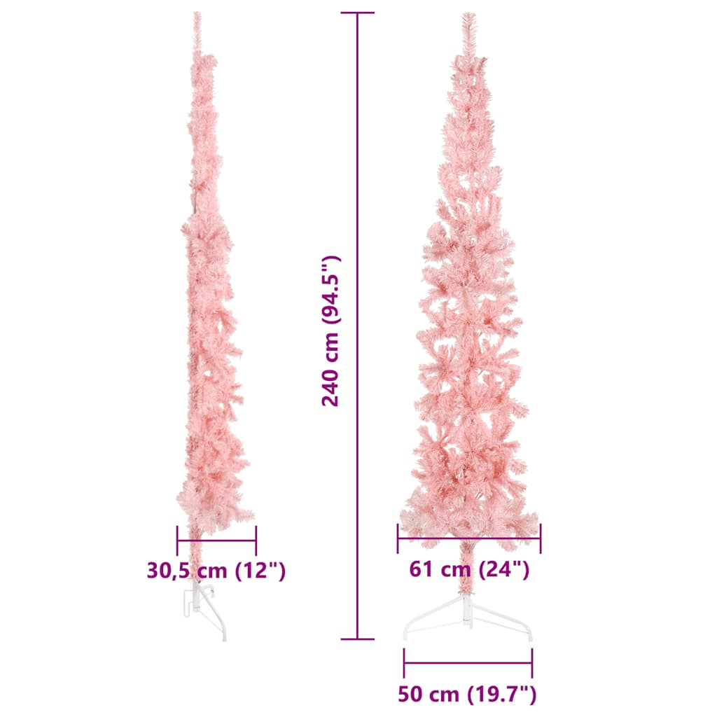 kunstigt halvt juletræ med juletræsfod 240 cm smalt pink