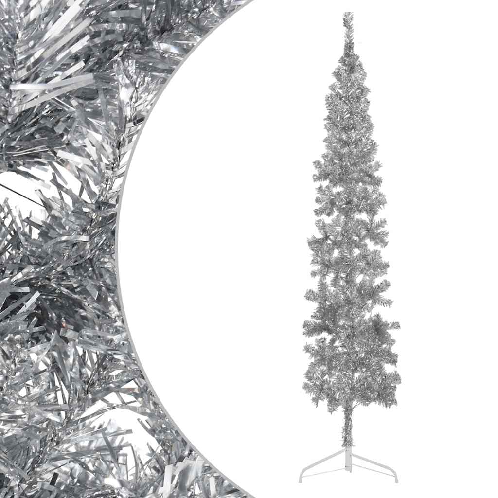 kunstigt halvt juletræ med juletræsfod 240 cm smalt sølvfarvet