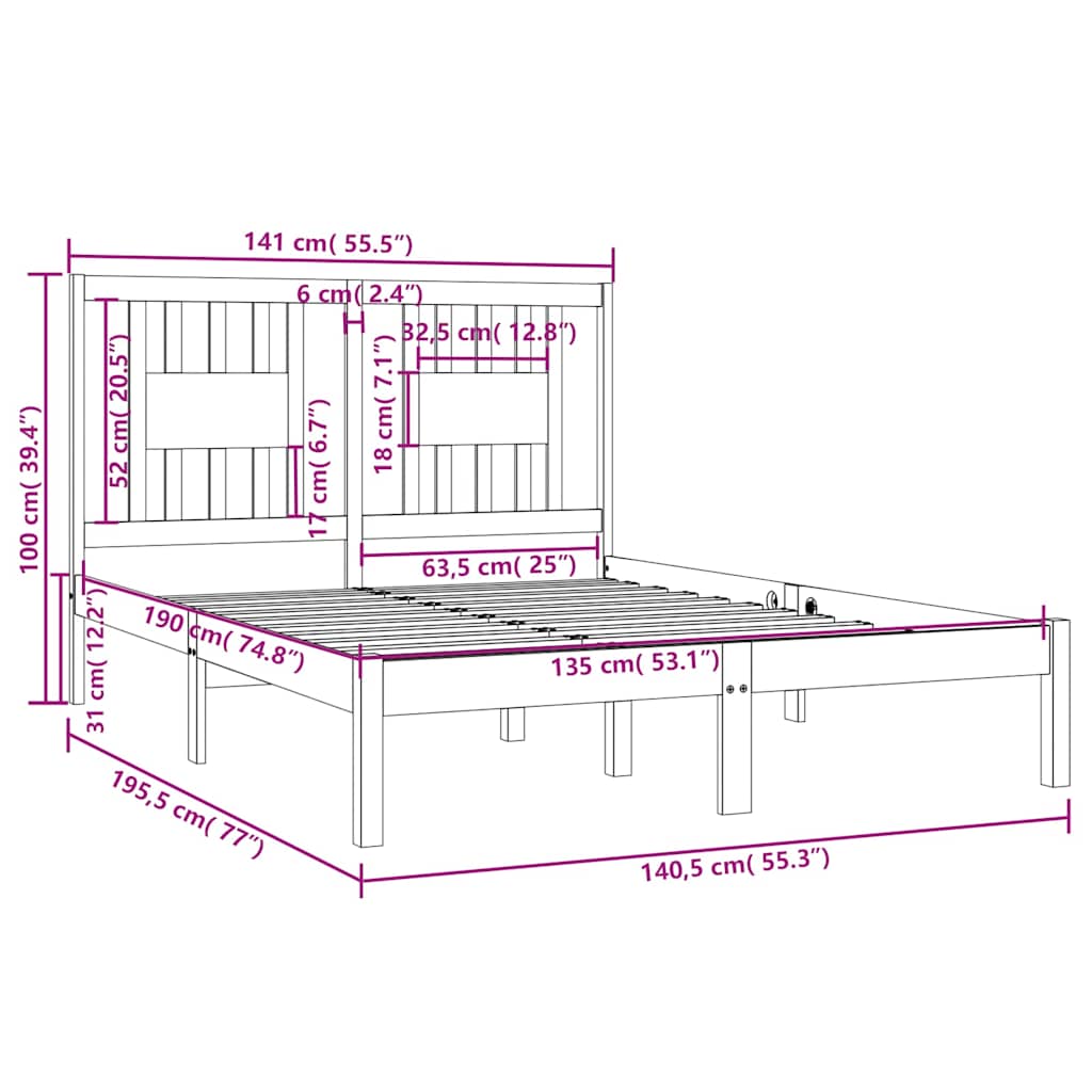 sengeramme 135x190 cm massivt træ