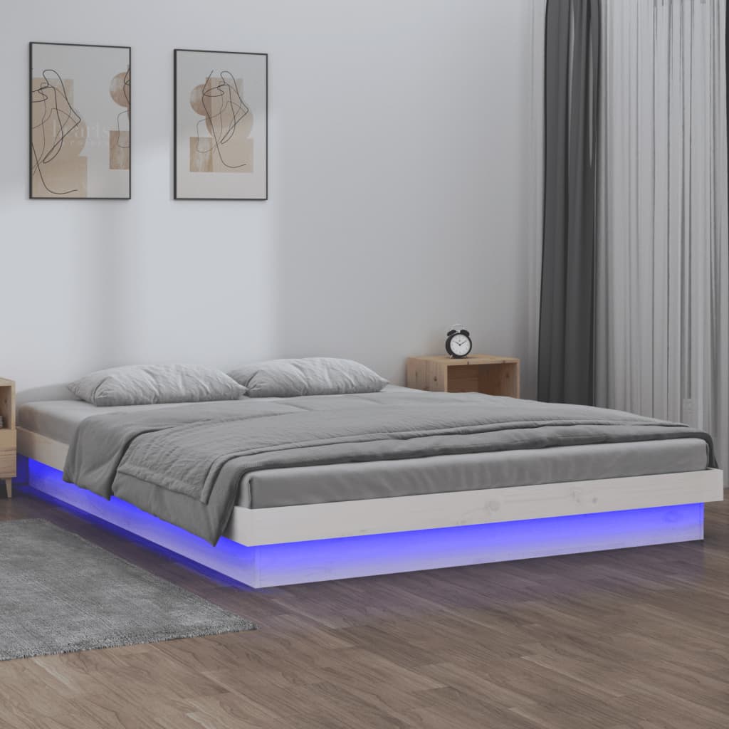 sengeramme med LED-lys 140x190 cm massivt træ hvid