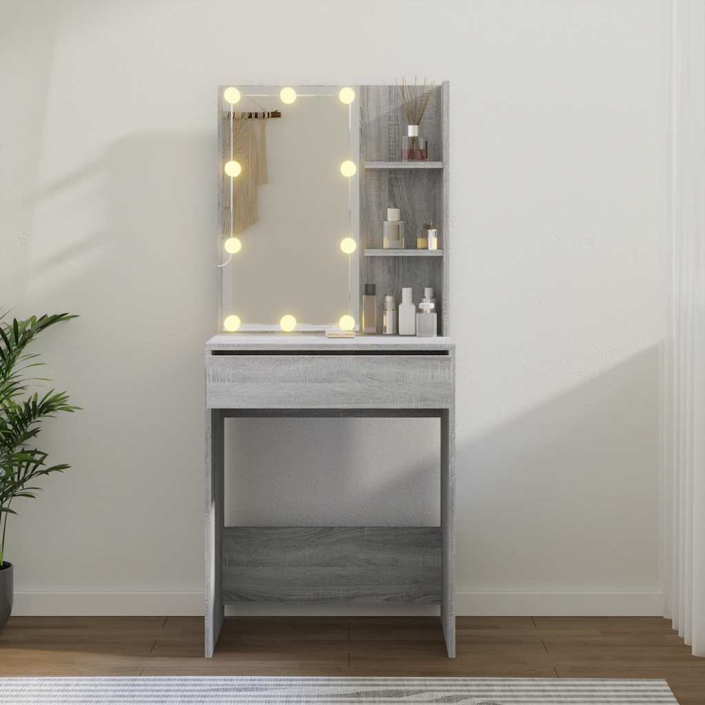 makeupbord med LED-lys 60x40x140 cm grå sonoma-eg