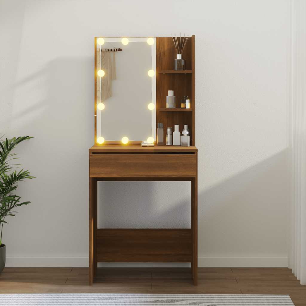 makeupbord med LED-lys 60x40x140 cm brun egetræsfarve