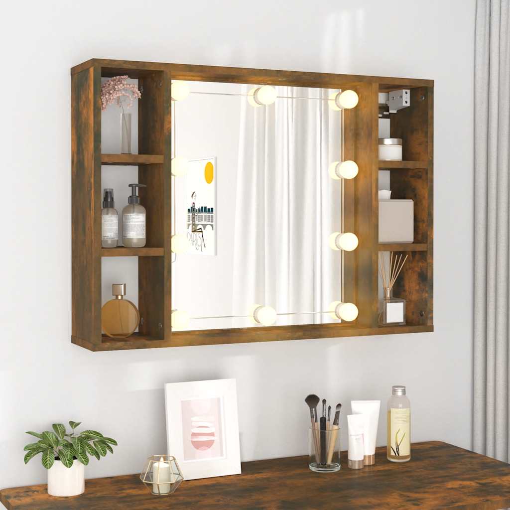 spejlskab med LED-lys 76x15x55 cm røget egetræsfarve