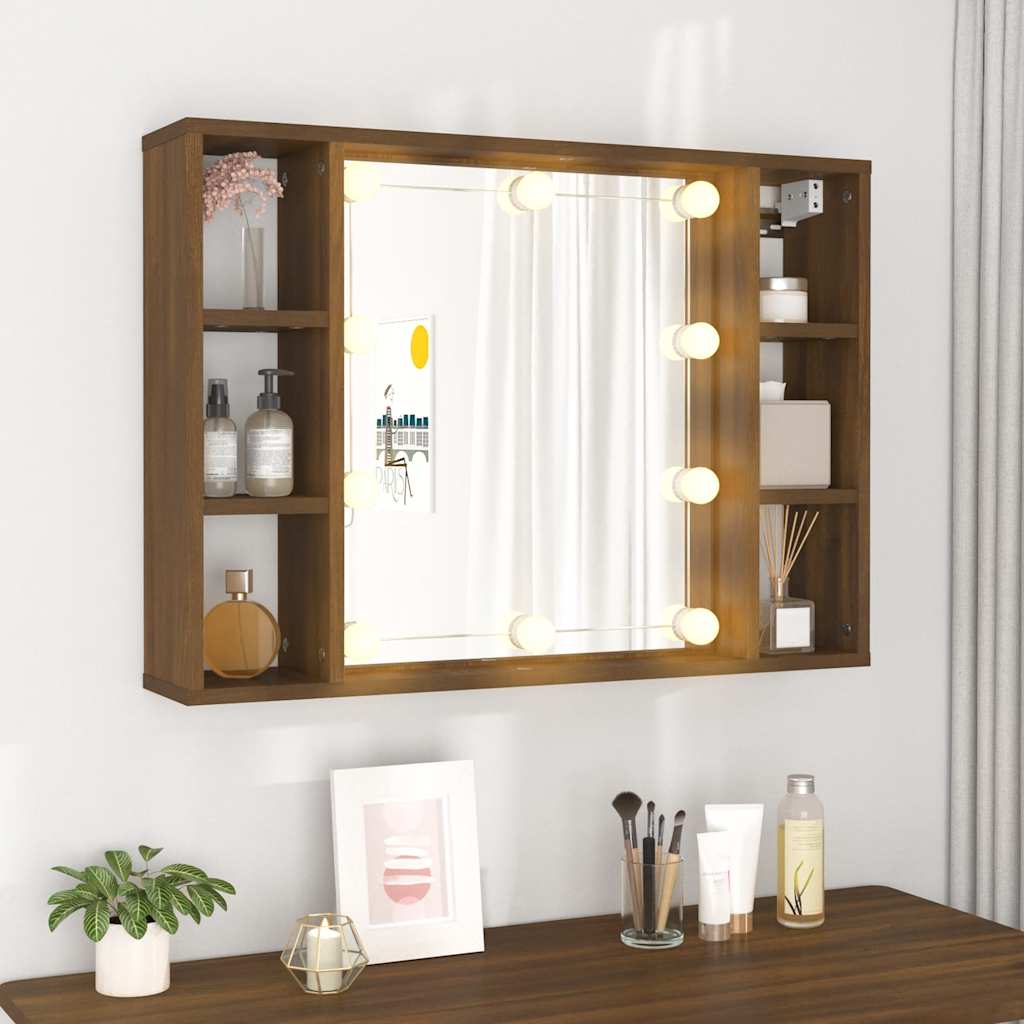 spejlskab med LED-lys 76x15x55 cm brun egetræsfarve