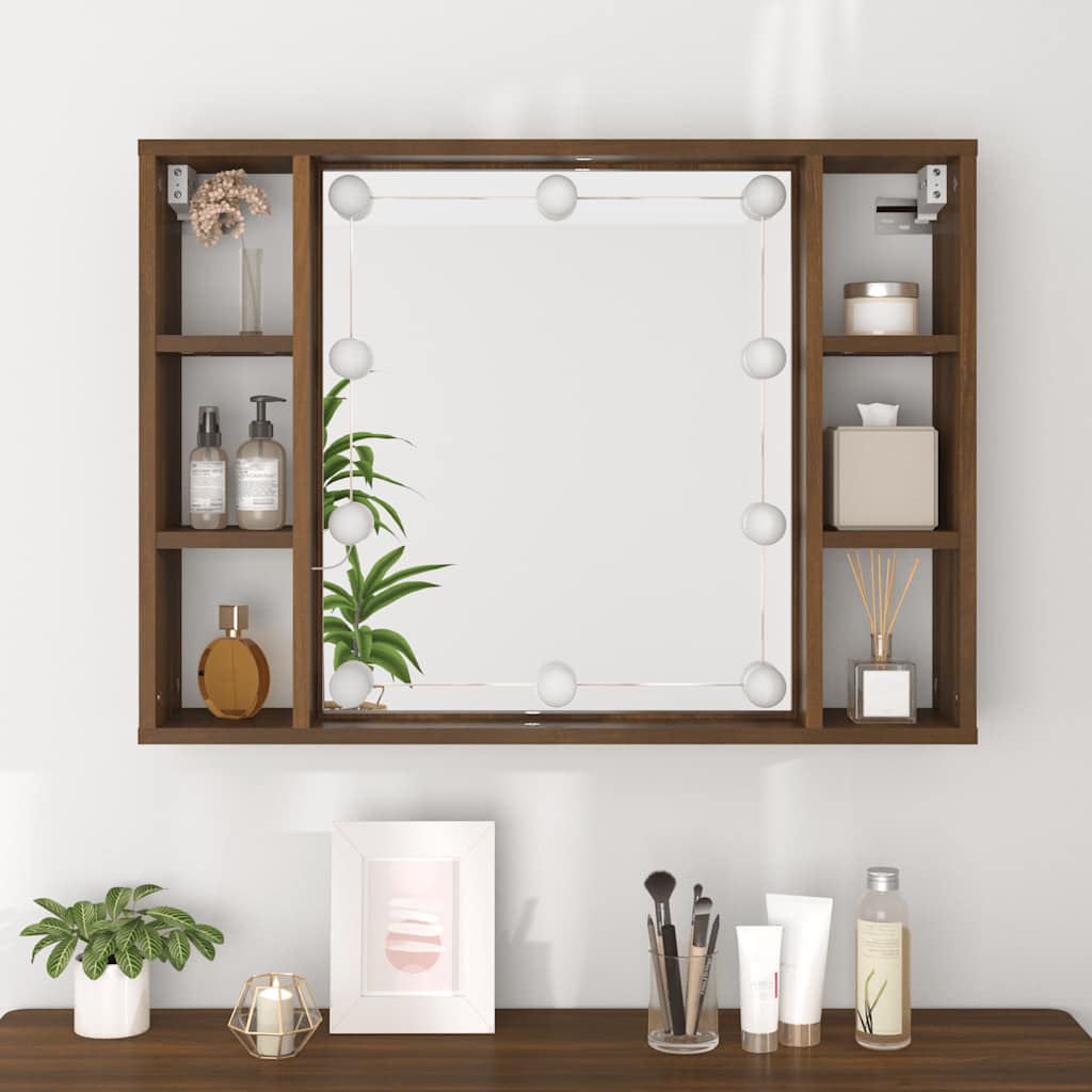spejlskab med LED-lys 76x15x55 cm brun egetræsfarve