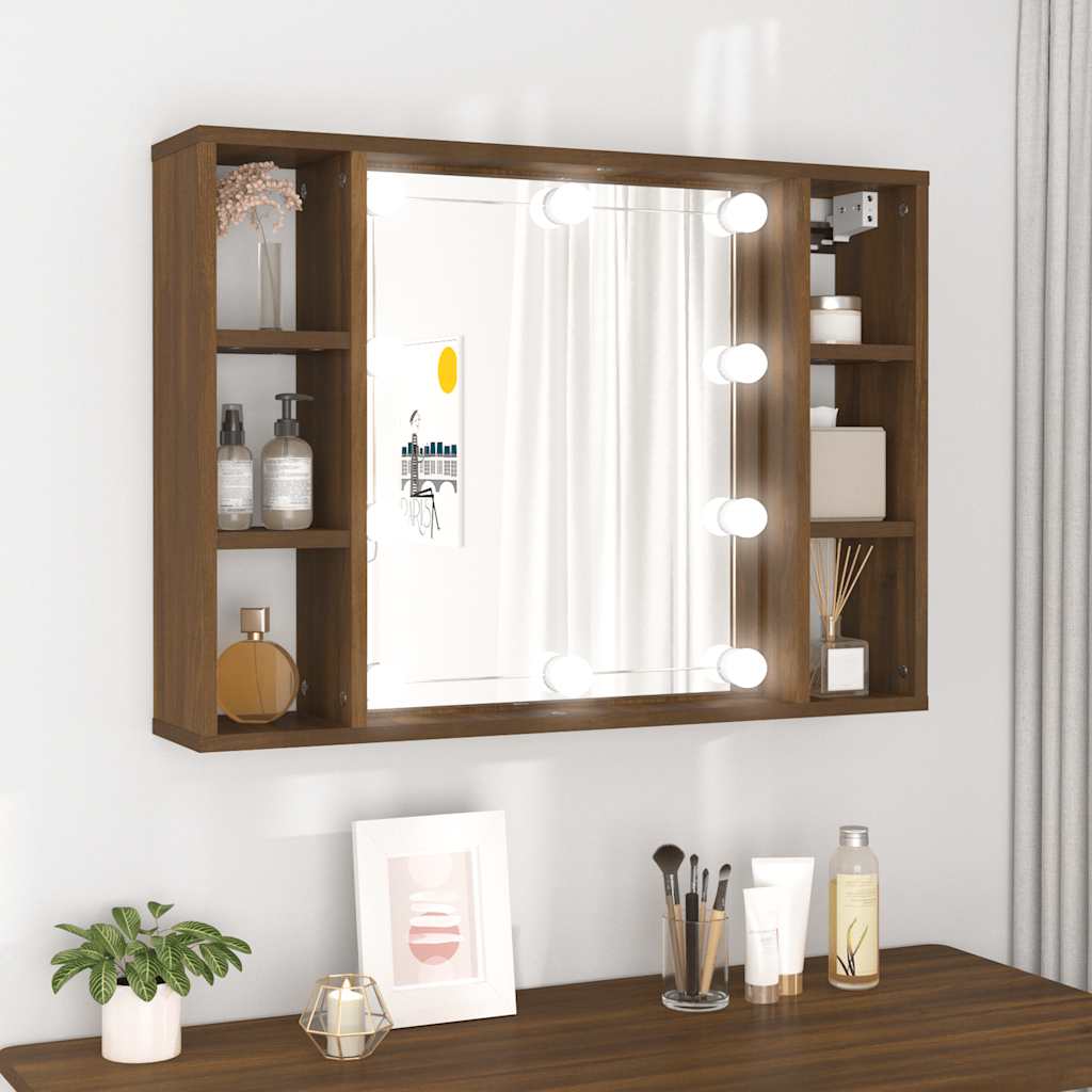 spejlskab med LED-lys 76x15x55 cm brun egetræsfarve
