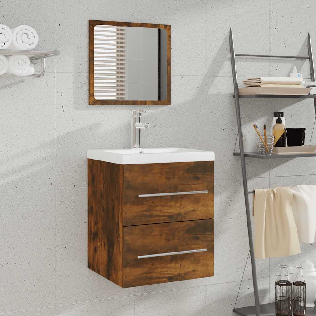 Badeværelsesskab med spejl 41 × 38,5 × 48 cm - konstrueret træ, røget eg