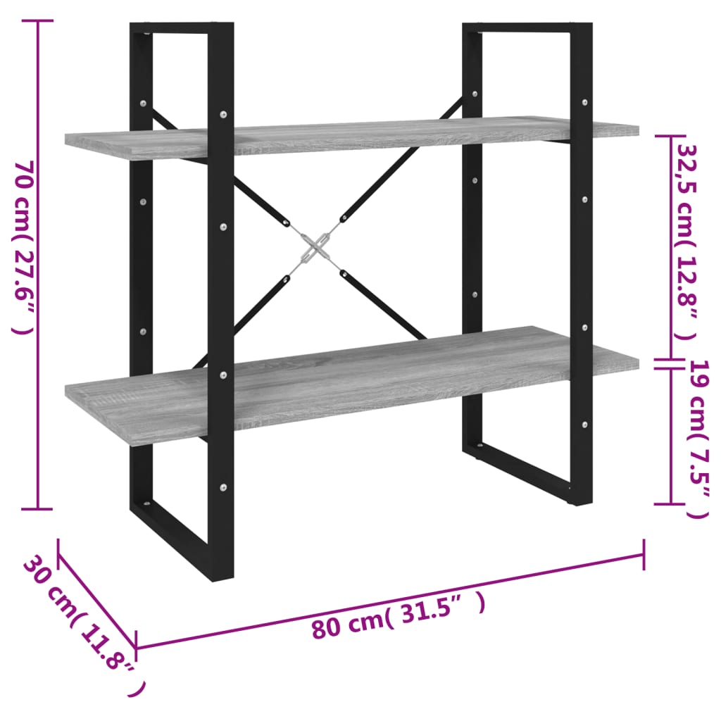 bogreol m. 2 hylder 80x30x70 cm konstrueret træ grå sonoma